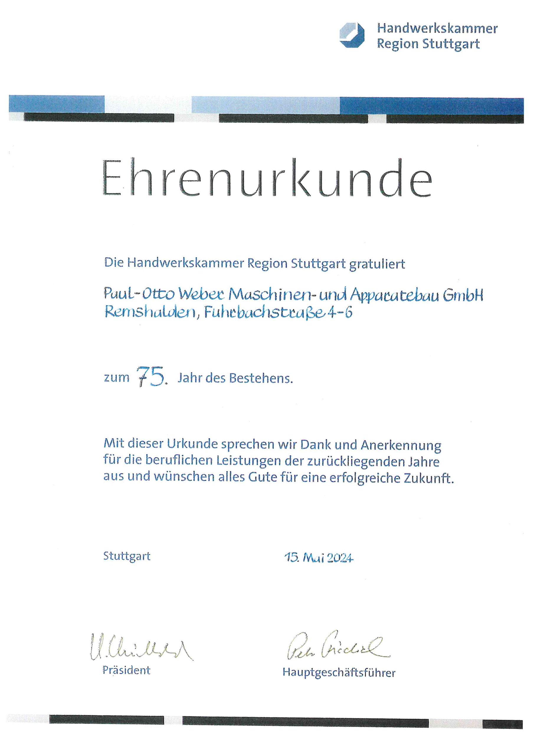 75 JAHRE EHRENURKUNDE